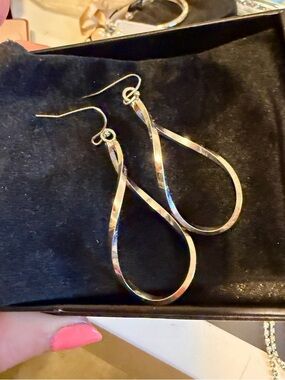 Silver Teardrop Twist Dangle Hoop Earrings